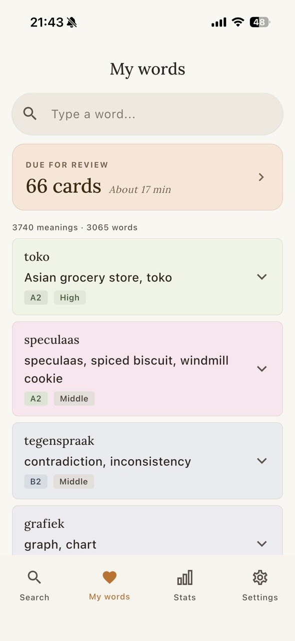 OpenWords saved words screen